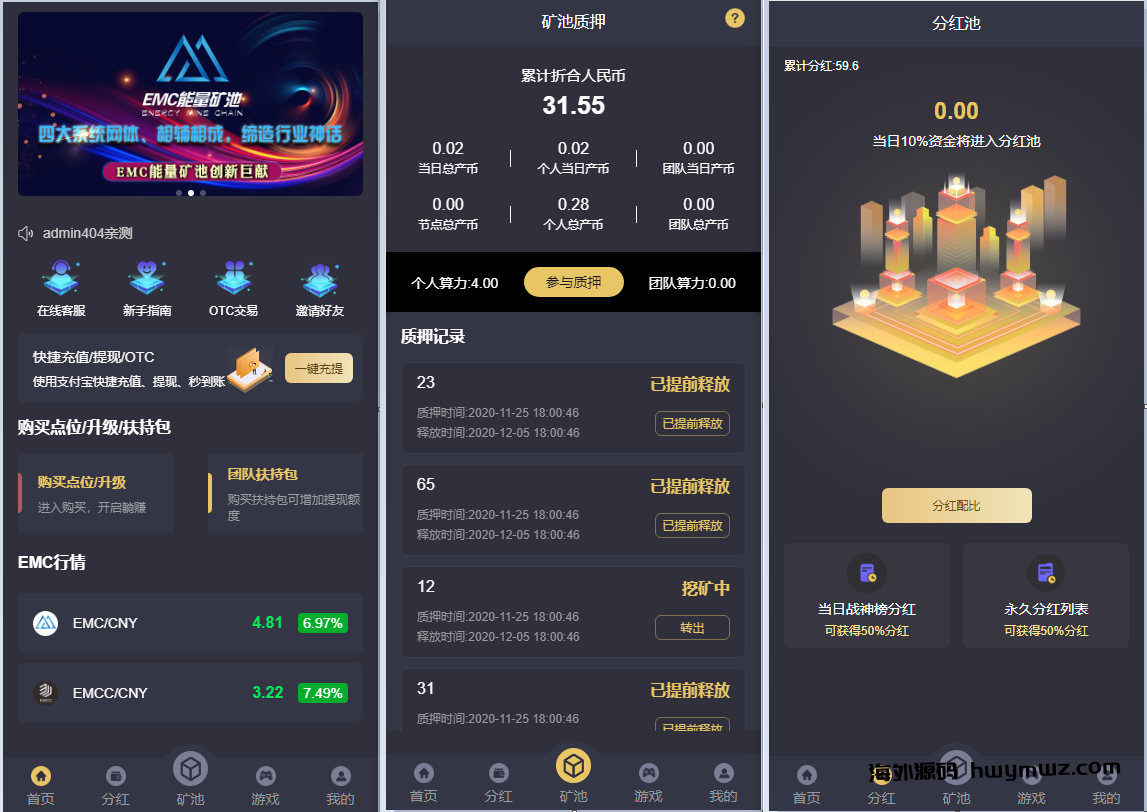 【海外源码】其他站长亲测 EMC交易所挖矿赚钱源码 六层阶梯板块+四套网体系统+通过奖励兑换EMC质押进行挖矿