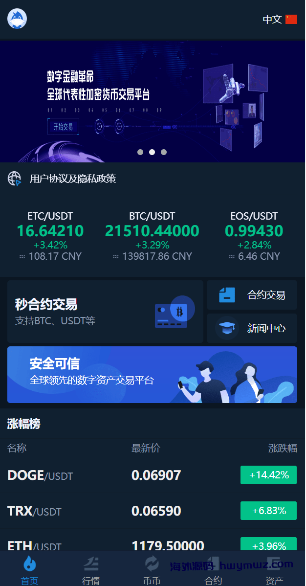 【海外源码】多语言交易所系统/币币交易/秒合约交易所/PC端VUE